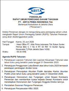 PANGGILAN RAPAT UMUM PEMEGANG SAHAM TAHUNAN PT. ARITA PRIMA INDONESIA Tbk TAHUN 2026